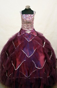 Custom Made Square Neckline Burgundy Beaded Decorate Bodice Flower Girl Pageant Dress 