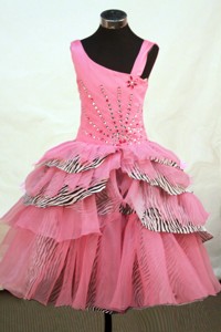 Beautiful Asymmetrical Neckline Rose Pink Organza Flower Girl Pageant Dress With Beaded Decorate 