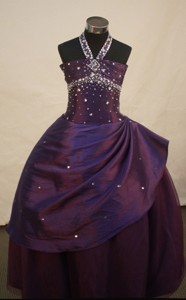 Dark Purple Beaded Decorate Princess Halter Neckline Flower Girl Pageant Dress 