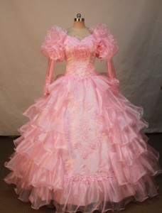 Luxurious Watermelon Organza Flower Girl Pageant Dress With Long Sleeves Appliques and Ruffled Layer