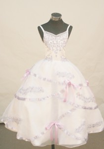 White Princess Flower Girl Pageant Dress With Appliques Decorate Spaghetti Straps Neckline 