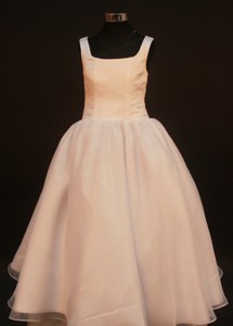 Simple Princess Champagne Flower Girl Pageant Dress With Straps Neckline Organza 
