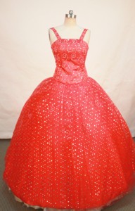 Red Sequin Straps Neckline Beaded Decorate Flower Girl Pageant Dress 