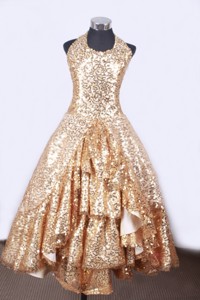 Popular And Halter Top Neck For Little Girl Pageant Dress With Gold