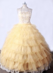 Gold And Halter For Little Girl Pageant Dress With Ruffled Layers And Beading