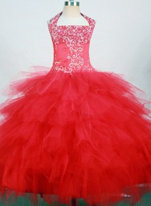 Red And Halter For Little Girl Pageant Dress With Ruffled Layers