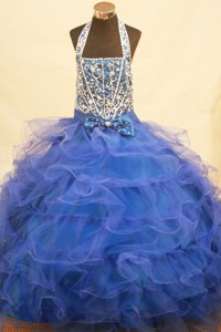 Halter Top Blue And Beading Bowknot For Little Girl Pageant Dress