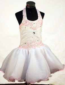 Sweet Appliques and Beading Decorate Bodice Ball Gown Halter Short Little Girl Pageant Dress 