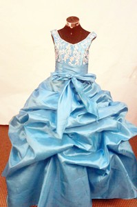 Lovely Baby Blue Appliques Little Girl Pageant Dress Scoop With Floor-length