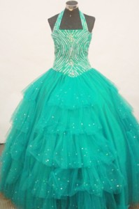 Beaded Decorate Bust Turquoise Little Girl Pageant Dress Halter Top With Ruffled Layeres 