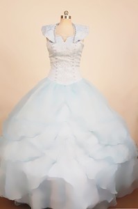 Custom Made Light Blue Little Girl Pageant Dress With Ruffled Layeres Ball Gown Scoop Neck
