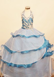 Elegant Ruffled Layered Little Girl Pageant Dress Ball Gown Halter Top Appliques 