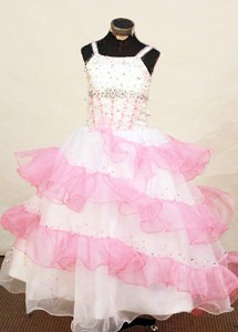 Pretty Pink and White Little Girl Pageant Dress Beaded Decorate With Ruffled Layeres Organza 