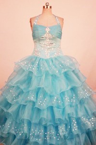 Lovely Ball Gown Little Girl Pageant Dress Ruffled Layered Halter With Floor-Length Aqua Blue Organz