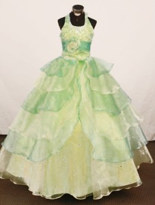 Cheap Ball Gown Yellow Green Little Girl Pageant Dress Halter Floor-length Organza In