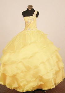 Custom Made Little Girl Pageant Dress One Shulder Neck Floor-Length Yellow Ball Gown 