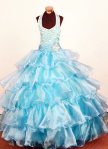 Modest Baby Blue Ruffled Layeres Little Girl Pageant Dress Halter Ball Gown Organza