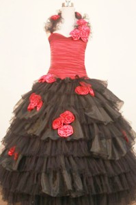 Modest Ruffled Layeres Little Girl Pageant Dress With Halter Black And Red Hand Made Flowers