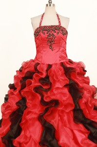 Fashionable Ruffles Little Girl Pageant Dress Ball Gown Halter Red In