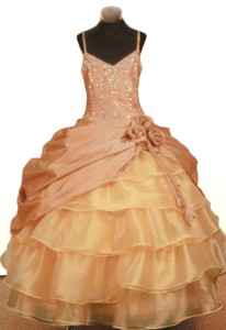 Elegant Hand Made Flowers Little Girl Pageant Dress Ball Gown Straps Ruffled Layered Beading