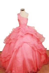 Elegant Watermelon Ruffled Layereslittle Girl Pageant Dress One Shoulder Floor-length