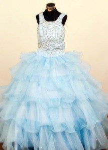 Lovely Baby Blue Ruffled Layeres Little Girl Pageant Dress Square Neck Floor-length Ball Gown