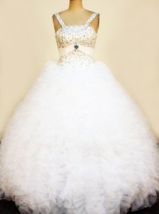 Pretty Ruffles Little Girl Pageant Dress Straps Beaded Decorate Bust Floor-length White