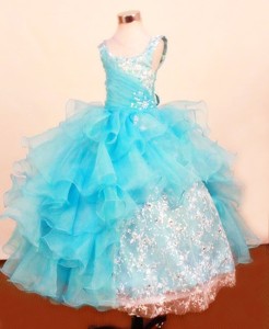 Fashionable Baby Blue Little Girl Pageant Dress Ruffled Layered Scoop Floor-length Lace