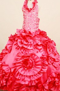 Exquisite Coral Red Little Girl Pageant Dress Ball Gown Halter Top Neck Floor-length