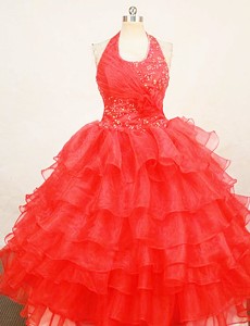 Beaded Red Halter Top Organza Little Girl Pageant Dress With Ruffles