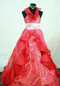 Customize Halter Top Red Organza Beaded Little Girl Pageant Dress