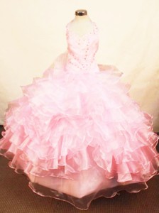 Customize Halter Top Baby Pink Organza Beading Little Girl Pageant Dress