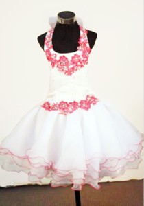 Halter Top Mini-length White Organza Little Girl Pageant Dress With Appliques