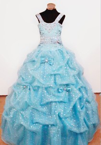 Bowknot Ball Gown Straps Aqua Blue Beading Little Girl Pageant Dress For Custom Made