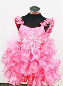 Cute Straps Mini-length Hot Pink Organza Beading Little Girl Pageant Dress