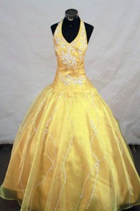 Yellow Halter Top Appliques Little Girl Pageant Dress With Organza Hottest