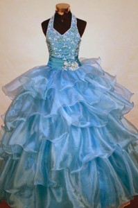 Beaded Decorate Shoulder Halter Top Light Blue Organza Beading Little Girl Pageant Dress