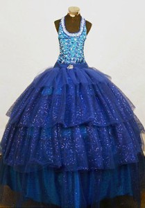 Brand New Beaded Halter Top Blue Organza Beading Little Girl Pageant Dress