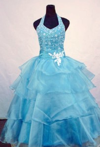 Custom Made Ball Gown Halter Top Beading Little Girl Pageant Dress Light Blue Orangza