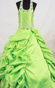 Yellow Green Taffeta Beading Little Girl Pageant Dress With Halter Top
