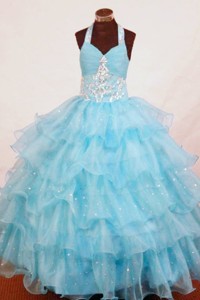 Halter Top Aqua Blue Organza Appliques Little Girl Pageant Dress