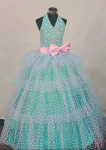 Bowknot Ball Gown Halter Top Turquoise And White Beading Little Girl Pageant Dress Hottest