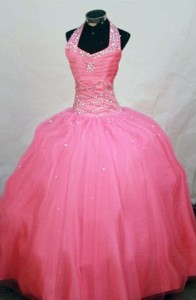 New Arrival Ball Gown Halter Top Waltermelon Beading Little Girl Pageant Dress