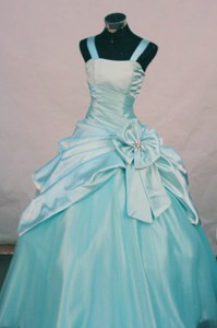 Custom Made Straps Aqua Blue Taffeta Little Girl Pageant Dress With Hand Made Flowers