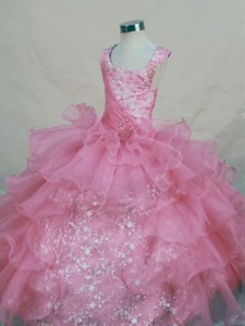 Scoop Pink Organza Appliques Little Girl Pageant Dress Custom Made