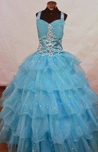 Romantic Straps Floor-length Aqua Blue Organza Beading Little Girl Pageant Dress