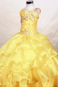 Yellow Beautiful Beaded Decorate Bust Little Girl Pageant Dress With One Shoulder Neck Ruffle