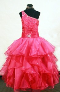Beading Lovely One Shoulder Floor-length Coral Red Little Girl Pageant Dress