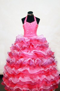 Luxurious Layer Halter Floor-length Multi-colored Beading Little Girl Pageant Dress Ball Gown