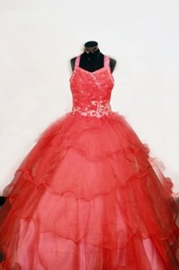 Beading And Appliques Straps Ball Gown Floor-length Red Little Girl Pageant Dress